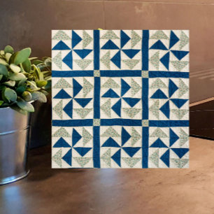 4.25" Blue White Pinwheel Patchwork Quilt Pattern Ceramic Tile