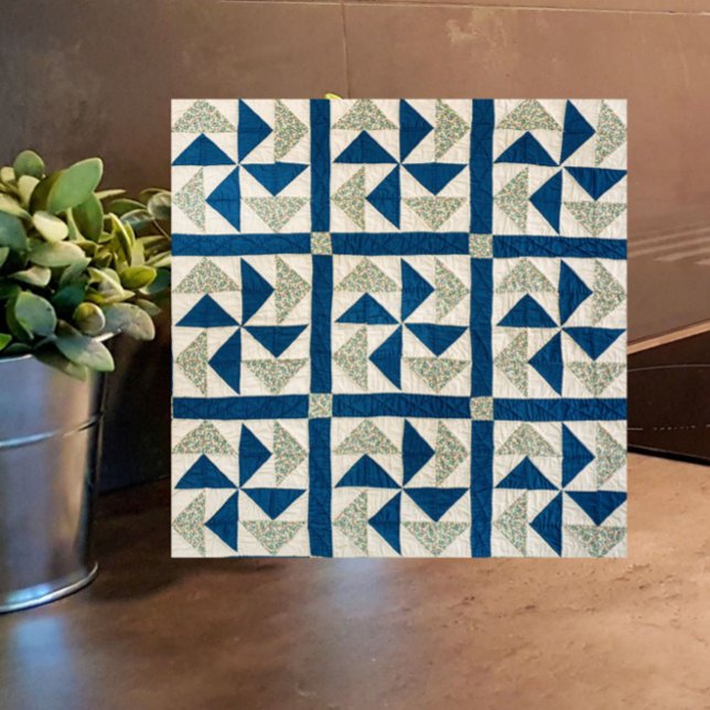 4.25" Blue White Pinwheel Patchwork Quilt Pattern Ceramic Tile (This blue + white vintage quilt pattern tile will add rustic elegance to your farmhouse!)
