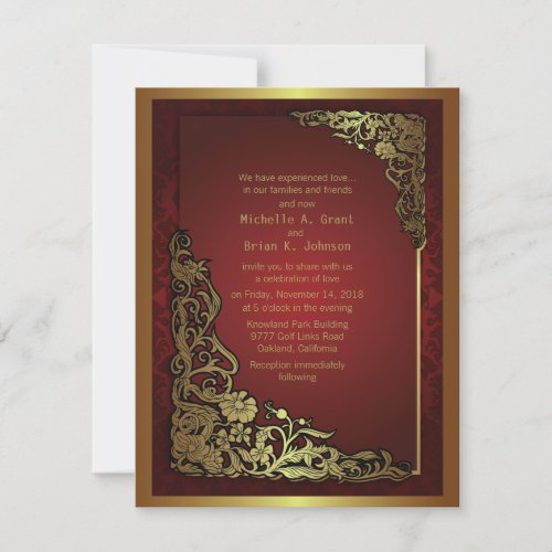 4.25x5.5" Damask Luxury Golden Red Wedding Invite