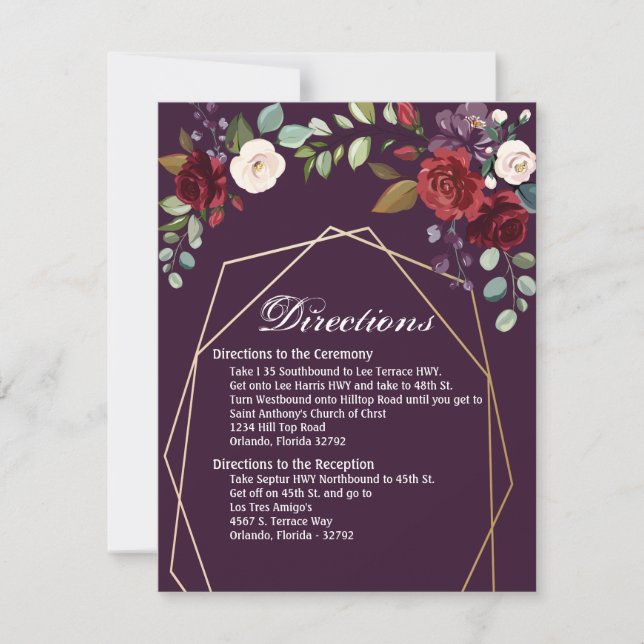 4.25x5.5 Direction Card Plum Purple Roses Gold Geo (Front)