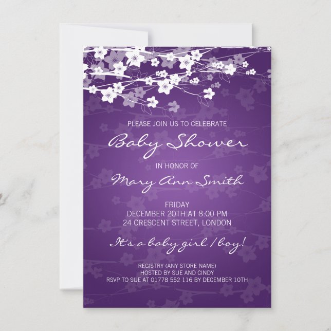 4.5x6.25 Baby Shower Cherry Blossom Purple Invitation (Front)