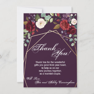4.5x6.25 Thank You Card Plum Purple Roses Gold Geo