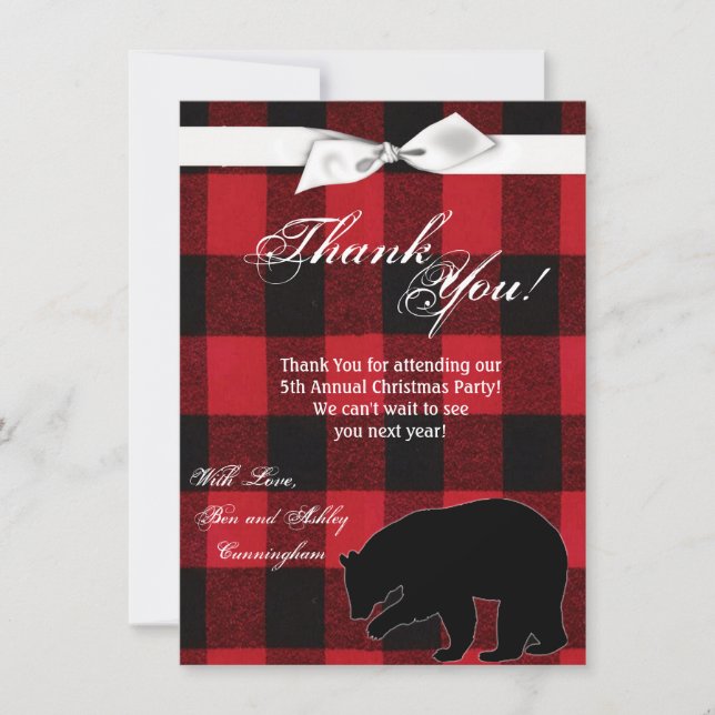 4.5x6.25 Thank You Card Red Plaid Black Bear (Front)