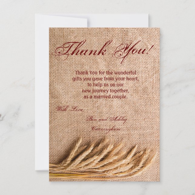 4.5x6.25 Thank You Card Wheat on Burlap Sack Count (Front)