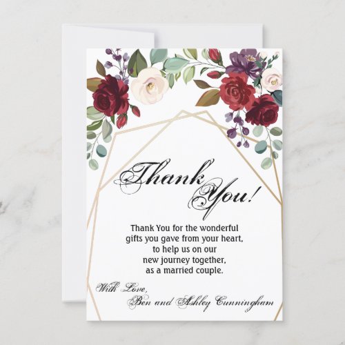 45x625 Thank You Card White Roses Gold Geometric