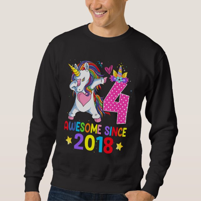 4 Awesome Since 2018 Dabbing Unicorn 4th Birthday  Sweatshirt (Front)