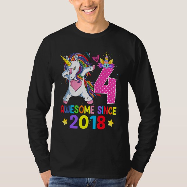 4 Awesome Since 2018 Dabbing Unicorn 4th Birthday  T-Shirt (Front)
