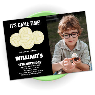 4 Balls Black Volleyball Birthday with photo Invitation