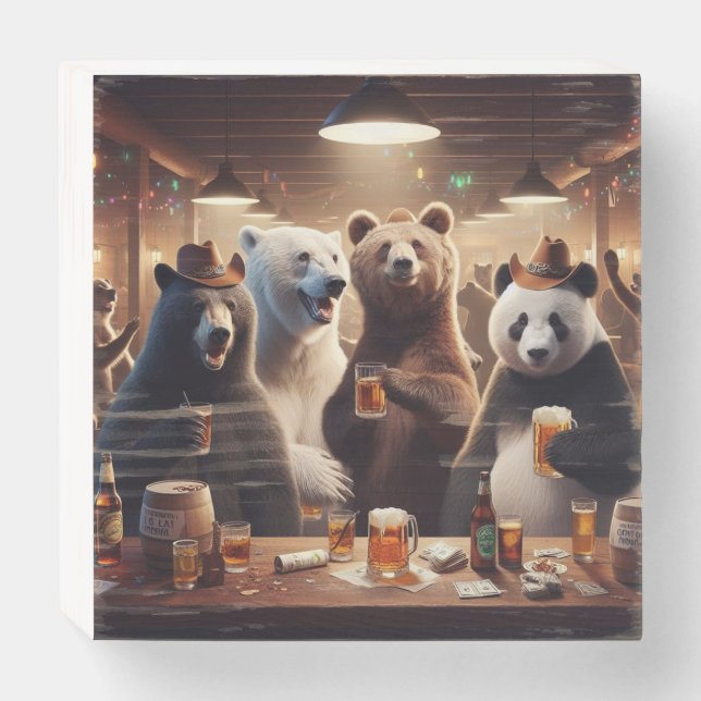 4 Bears walk into a bar. Wooden Box Sign (Front Horizontal)