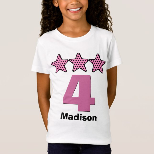 4 Birthday Girl Three Stars Big Number PINK T-Shirt (Front)
