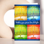 4 Bold Colorful Hanukkah Menorahs Peace Love Light Holiday Card<br><div class="desc">“Wishing you peace, love, & light. Happy Hanukkah!” A close-up photo of 4 brightly colored artsy menorahs help you usher in the holiday of Hanukkah. Feel the warmth and joy of the holiday season whenever you send this stunning, colorful Hanukkah greeting card. Matching envelopes, stickers, stamps, tote bags, serving trays,...</div>