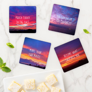 4 California Sunset Photo Inspiration Quote Modern Coaster Set