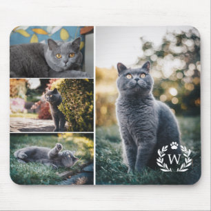 4 Cat Photo Collage Paw Laurel Wreath Monogram Mouse Pad
