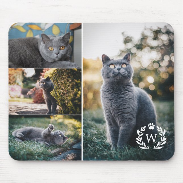 4 Cat Photo Collage Paw Laurel Wreath Monogram Mouse Pad (Front)