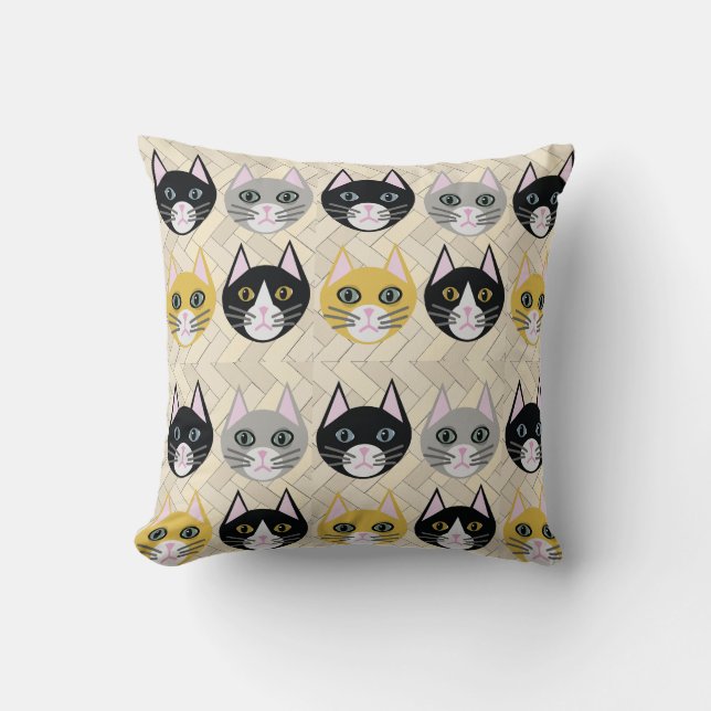 4 Cats, Herringbone Beige Throw Pillow (Front)