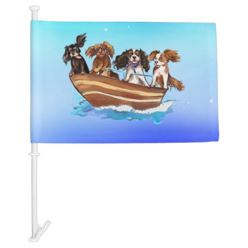 4 Cavalier King Charles Spaniels on a Boat Garden  Car Flag