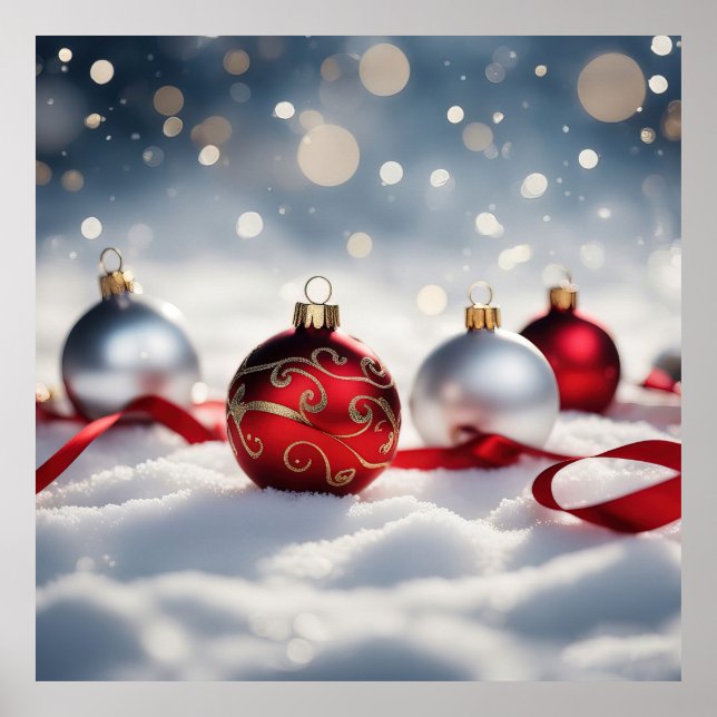 4 Christmas baubles in the snow Poster (Front)
