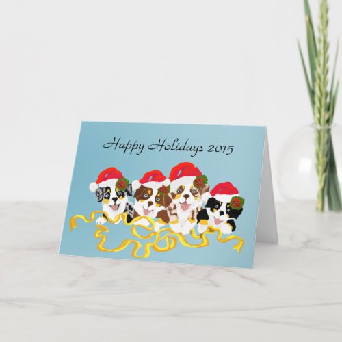 4 Christmas Cartoon Aussie Puppies Greeting Card