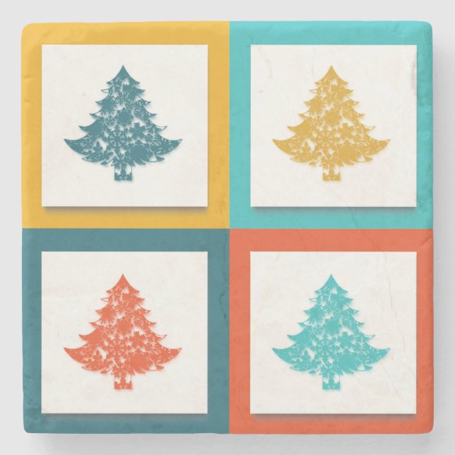 4 Christmas Trees Retro Design Stone Coaster (Front)