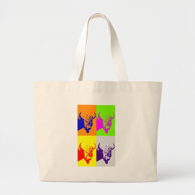4 Color Pop Art Buffalo Bison Large Tote Bag (Front)