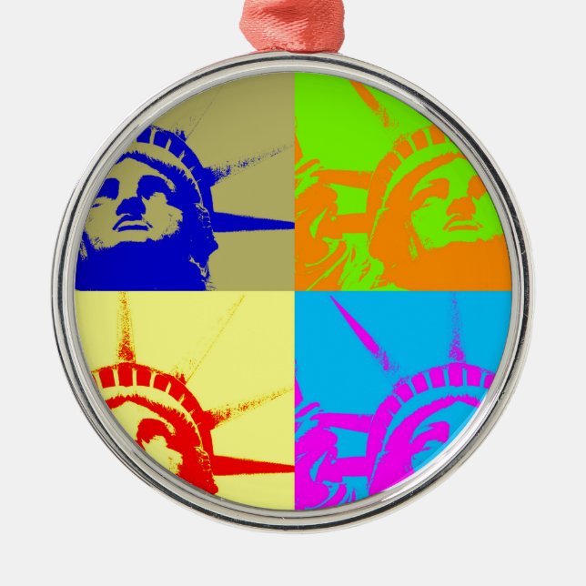 4 Color Pop Art Lady Liberty Metal Ornament (Front)