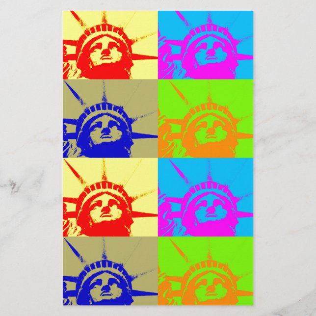 4 Color Pop Art Lady Liberty Stationery (Front)