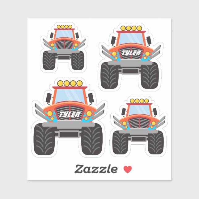 4 Cool Red Monster Trucks, DIY Name Sticker (Sheet)