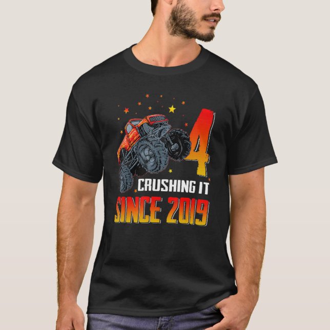 4 Crushing It Since 2019 Monster Truck 4th Birthda T-Shirt (Front)