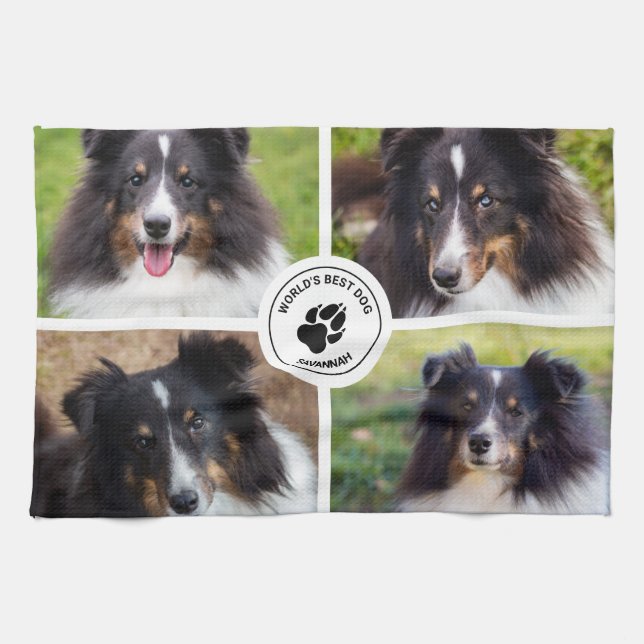 4 Custom Pet Photos Collage Template & Text Kitchen Towel (Horizontal)