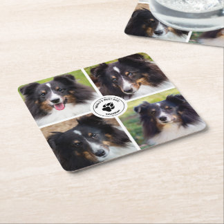4 Custom Pet Photos Collage Template &amp; Text Square Paper Coaster
