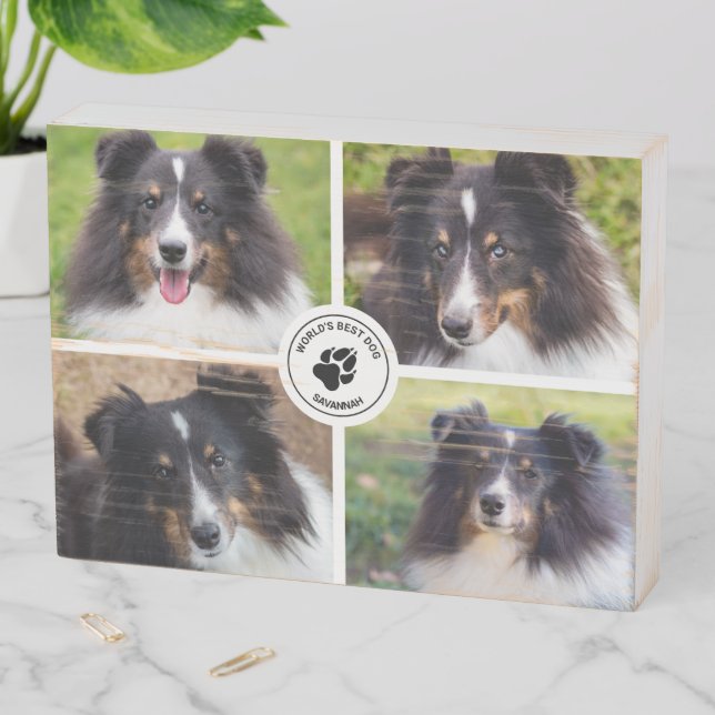 4 Custom Pet Photos Collage Template & Text Wooden Box Sign (In Situ Horizontal)