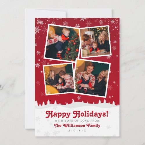 4 Custom Photos Red  White Snowy Christmas Trees Holiday Card