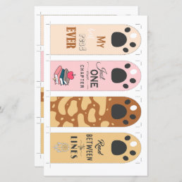 4 cut-out Cute Paw Bookmarks with Quotes