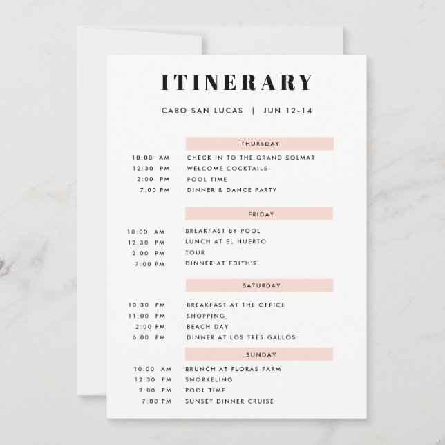 4 Day Simple Blush Itinerary Invitation (Front)