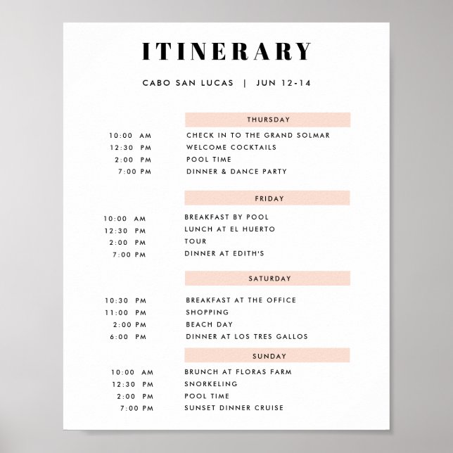 4 Day Simple Blush Itinerary Poster (Front)