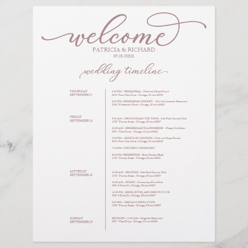 4 Days Wedding Itinerary Chic Rose Gold Script