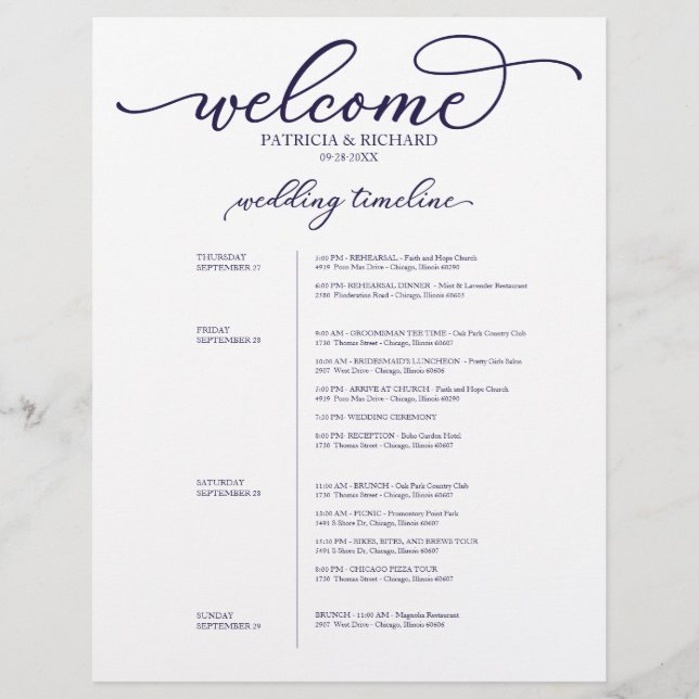 4 Days Wedding Itinerary Navy Blue Script (Front)