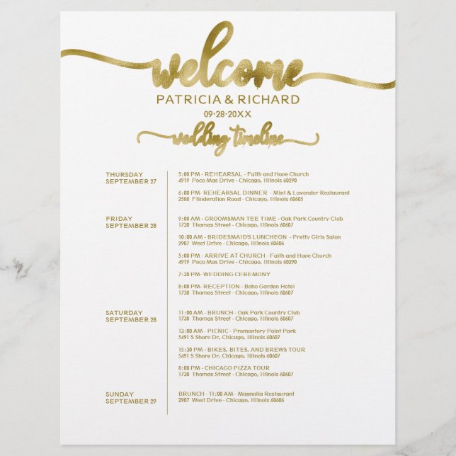 4 Days Wedding Weekend Itinerary Chic Timeline (Front)