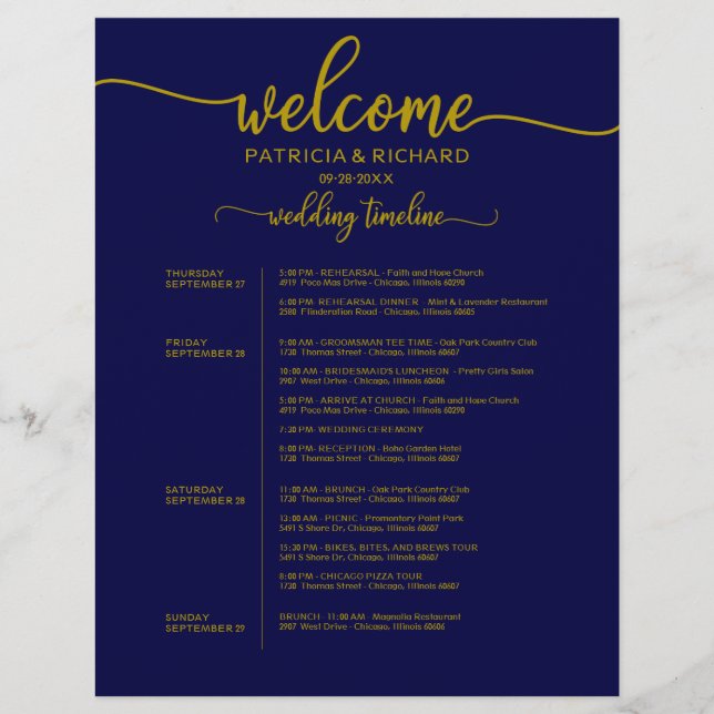 4 Days Wedding Weekend Itinerary Gold Navy Blue (Front)