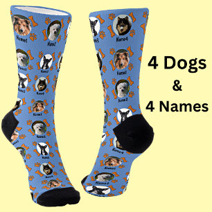 4 Dog Photos & 4 Names + Bones & Paw Prints Blue Socks