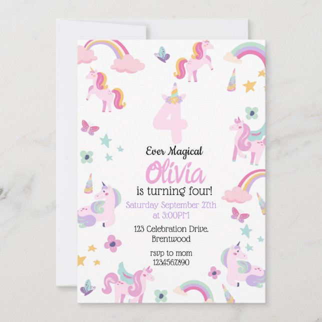 4 ever magical, Unicorn Birthday, Rainbows  Invitation (Front)