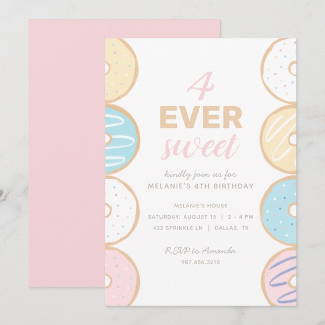 4 Ever Sweet Pastel Donut Birthday Party Invitatio Invitation (Front/Back)