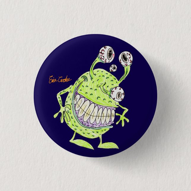 4 eyed green alien monster button (Front)