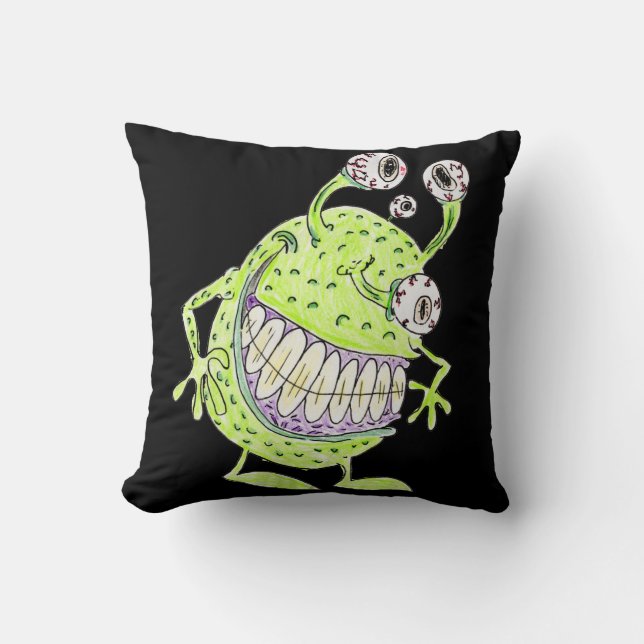 4 eyed green alien monster throw pillow (Front)