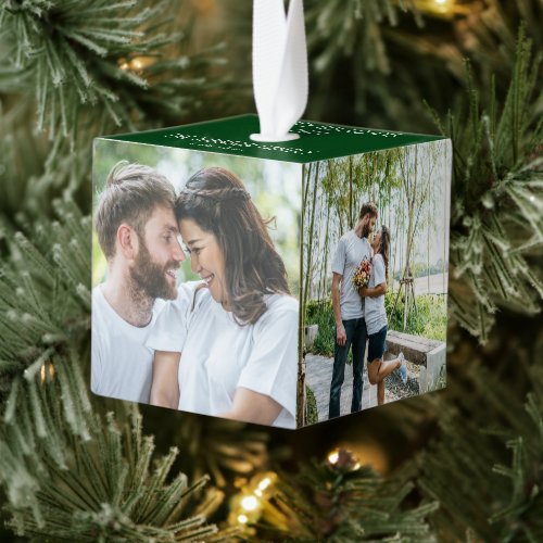 4 Family Holiday Photo Cute Green Christmas Gift Cube Ornament