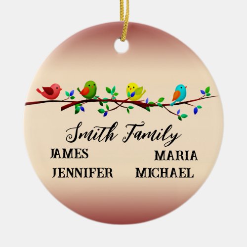 4 Family Members Personalized Name Christmas Birds Ceramic Ornament