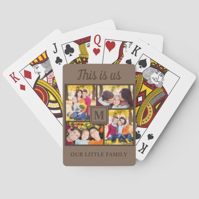 4 Family Photo Collage This is Us Brown Monogram Poker Cards (Back)