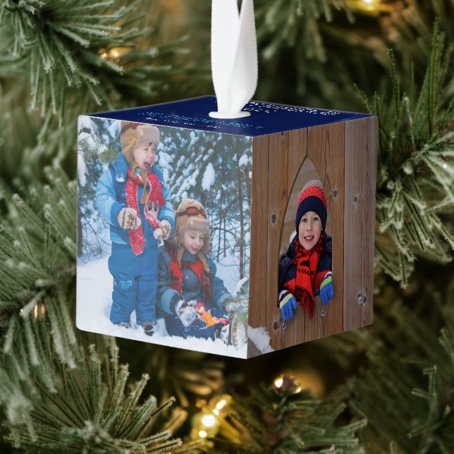 4 Family Photo Cute Blue Hanukkah Custom Holiday Cube Ornament (Tree)