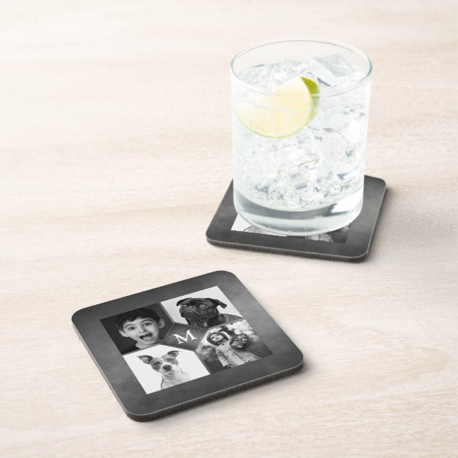 4 Family Photos Black White  Chalkboard Monogram Beverage Coaster (Right Side)