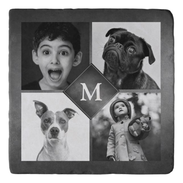 4 Family Photos Black White Chalkboard Monogram Trivet (Front)